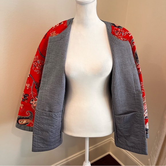 Talbots XL Petite Red Quilted Jacket floral Paisley Cottage Boho Cotton Chambray - Picture 3 of 9